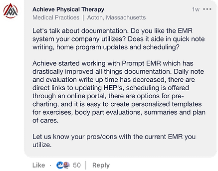 Achieve Physical Therapy social post about Prompt EMR